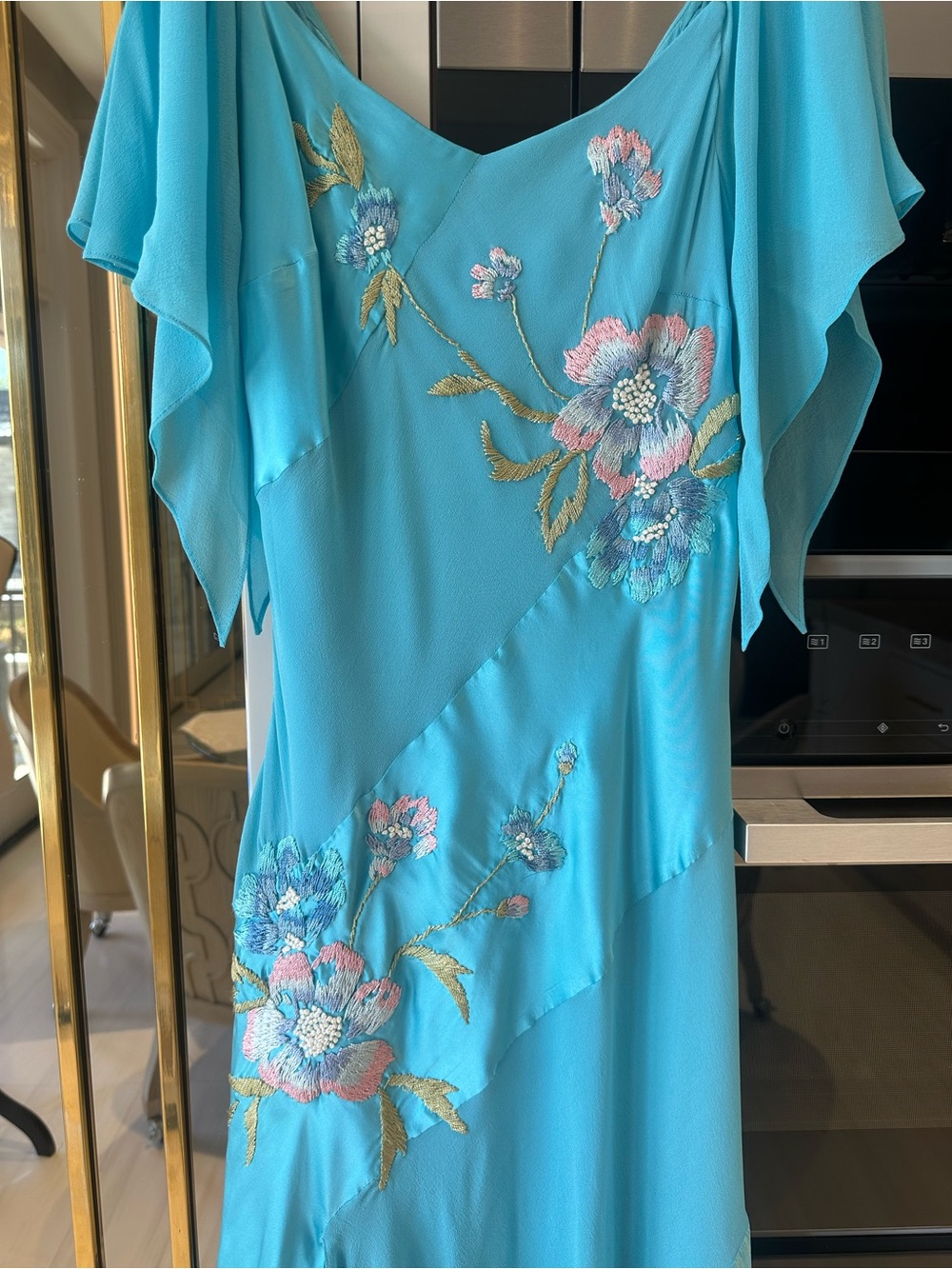 Sue Wong Silk Turquoise Y2K Ruched Floral Embroidered Asymmetrical Dress- Size 8 - Picture 4 of 14